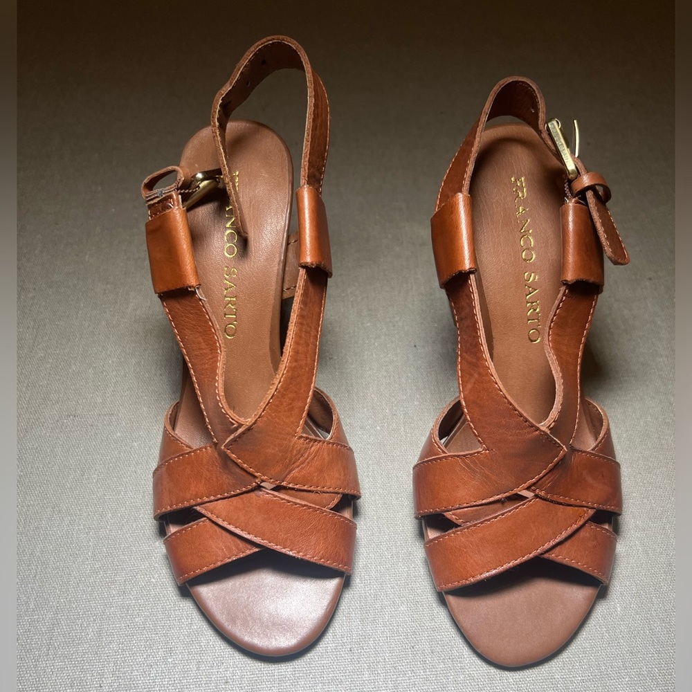 Franco Sarto luggage color sandal, 3 inch wooden heel.